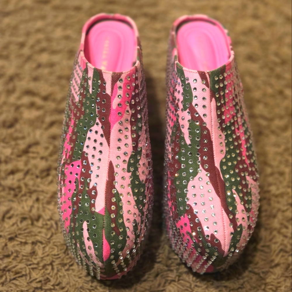 Pink and Green Mules with Perforated Design